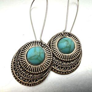 Turquoise Style Medallion Dangle Earrings Boho Tribal Statement